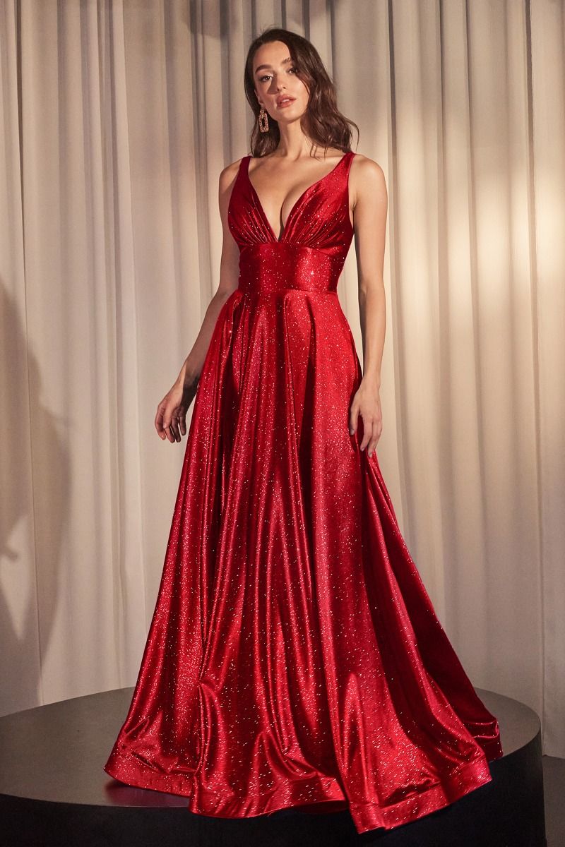 Glimmering Stretch Satin A-Line Celebration Gown w/ Deep V-Neck & Zipper Back CD CC2349-6